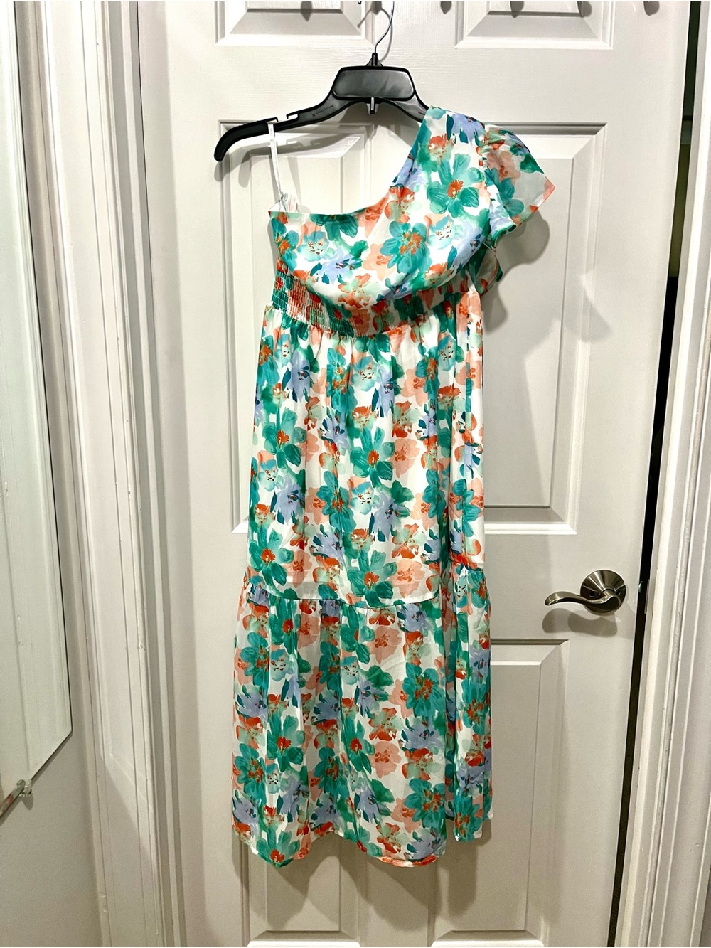 NWT Kate Kasin Floral One-Shoulder Maxi Dress in Teal & Coral